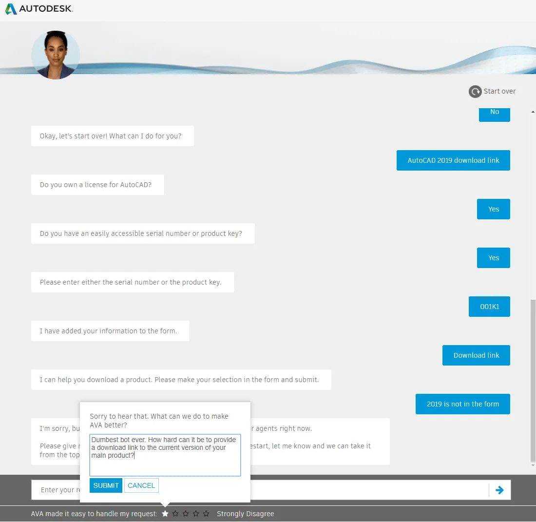 AVA bot tiếp tục thất bại khi người dùng cố gắng tìm link down AutoCAD 2019.