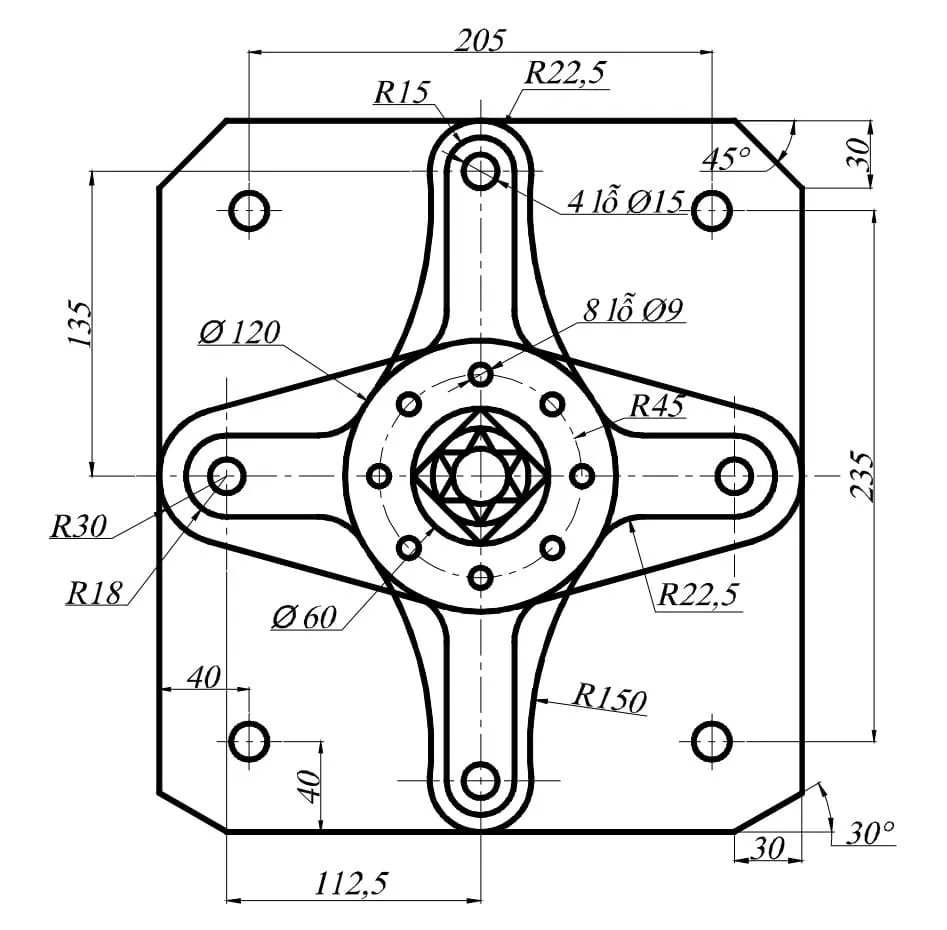 Bài ôn tập AutoCAD 2D số 2, thử thách kỹ năng kết hợp các lệnh chỉnh sửa để hoàn thiện một bản vẽ kỹ thuật 2D chi tiết và chính xác.