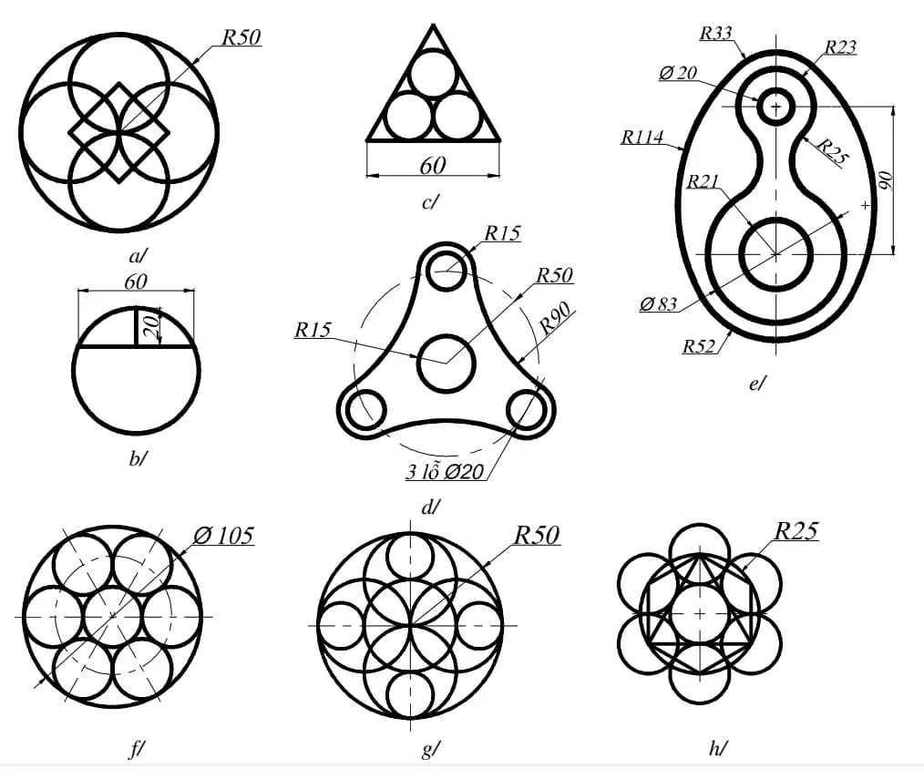 Bài tập AutoCAD 2D sử dụng lệnh CIRCLE để vẽ các hình tròn với nhiều phương pháp khác nhau, tối ưu bản vẽ cơ bản