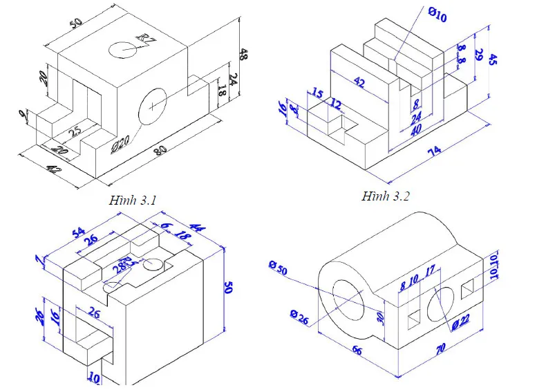 Bài tập Autocad 3D minh họa việc sử dụng các phép toán Boolean để tạo hình khối