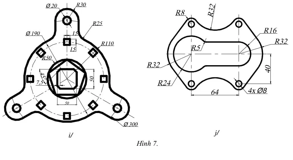 Bài tập thực hành AutoCAD 2D số 7.3, tập trung vào lệnh MIRROR, STRETCH và ARRAY để tạo đối xứng, kéo dãn và nhân bản đối tượng, hiệu quả cho các bản vẽ 2D lặp lại.