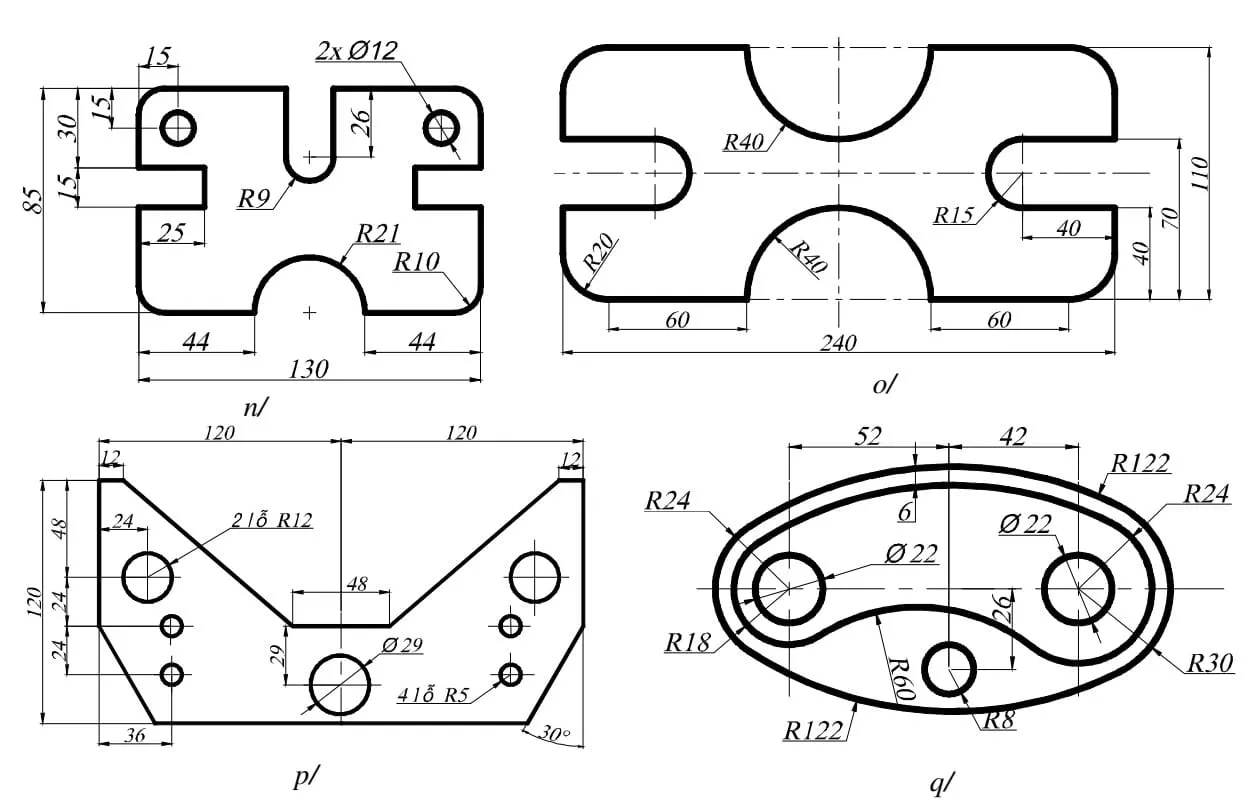 Bài tập thực hành bản vẽ AutoCAD 2D với các hình học chi tiết và điểm đánh dấu