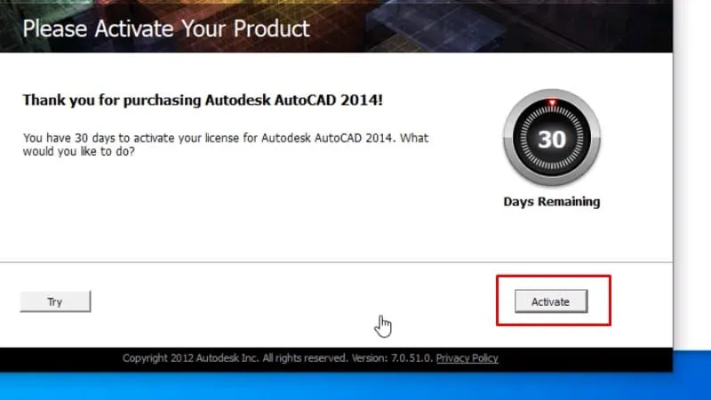 Bấm Activate để bắt đầu quy trình kích hoạt bản quyền AutoCAD 2014