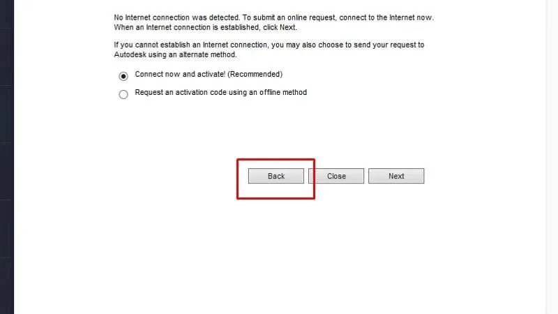Bấm Back để quay lại nếu quá trình kích hoạt AutoCAD 2015 trực tuyến không thành công