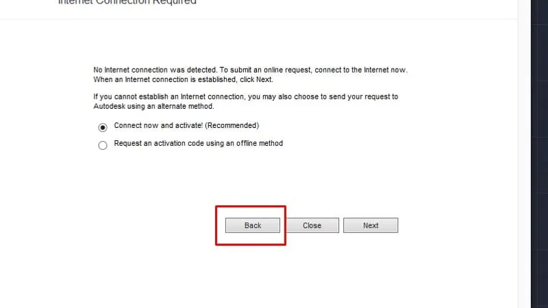 Bấm &quot;Back&quot; để quay lại và chọn phương thức kích hoạt AutoCAD 2017 khác