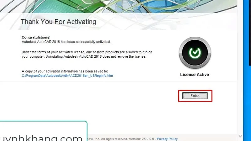 Bấm Finish để kết thúc quá trình kích hoạt AutoCAD 2016 thành công