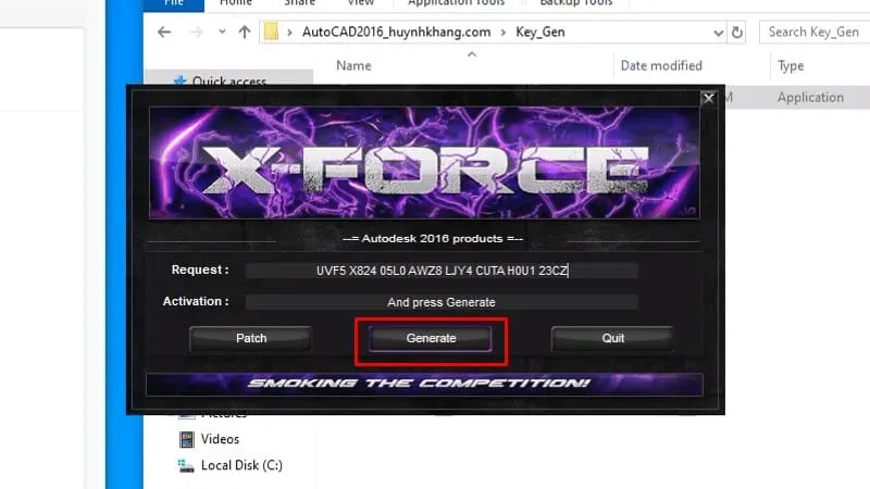 Bấm Generate để tạo mã kích hoạt Activation code cho AutoCAD 2016
