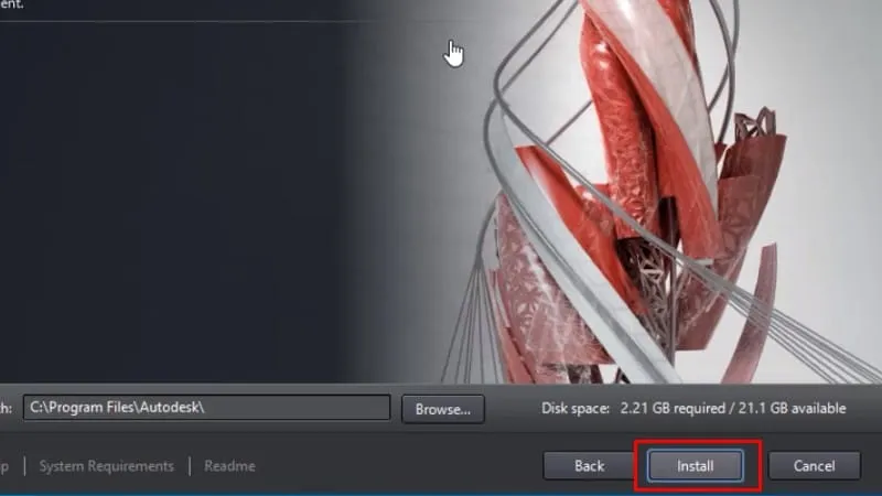 Bấm Install để bắt đầu quá trình cài đặt các thành phần của AutoCAD 2014