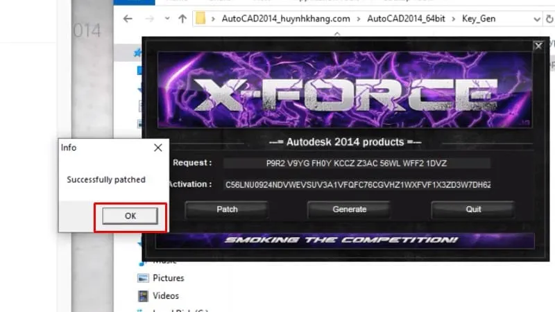 Bấm OK để xác nhận vá lỗi hoàn tất khi kích hoạt AutoCAD 2014