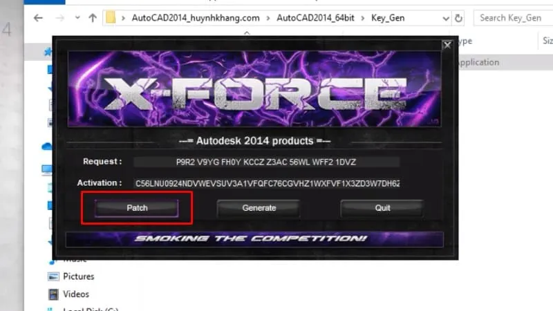 Bấm Patch trong Keygen để vá lỗi và kích hoạt AutoCAD 2014 thành công
