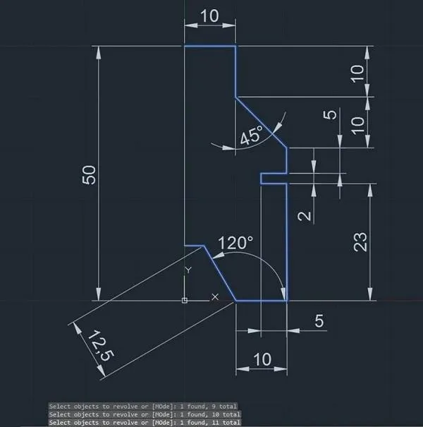 Bản phác thảo 2D dùng làm biên dạng cho lệnh Revolve trong AutoCAD 2020, trước khi tạo đối tượng 3D.