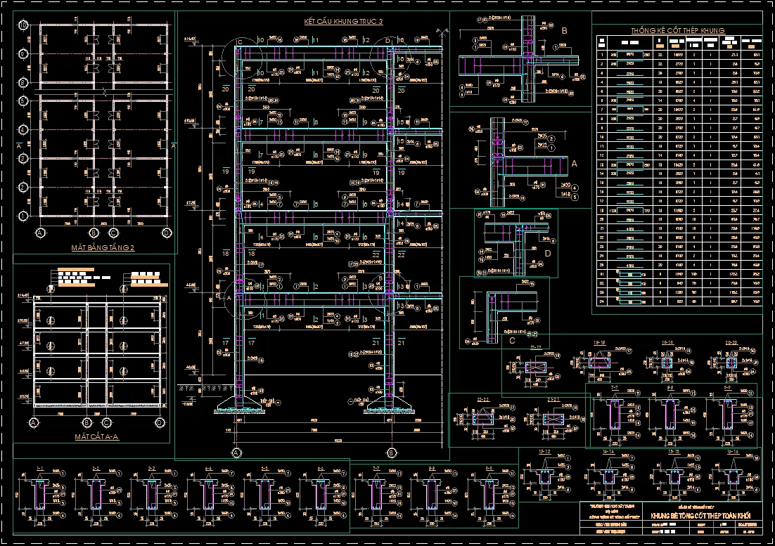 Bản vẽ AutoCAD mẫu của một đồ án bê tông cốt thép, minh họa ứng dụng thực tế sau khi học vẽ AutoCAD tại RDSIC