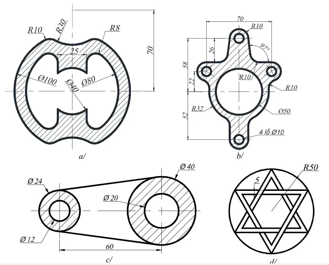 Bản vẽ CAD 2D mặt cắt đơn giản, sử dụng lệnh HATCH để biểu thị vật liệu, bài tập cơ bản cho người mới học