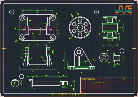 Bản vẽ chi tiết máy phức tạp được tạo bằng Autocad Mechanical, minh họa khả năng thiết kế chính xác và nhanh chóng khi học Autocad Mechanical.