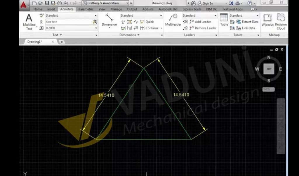 Bản vẽ kỹ thuật trong AutoCAD với các đường kích thước và chú thích rõ ràng, thể hiện tầm quan trọng của việc hoàn thiện bản vẽ khi tự học.