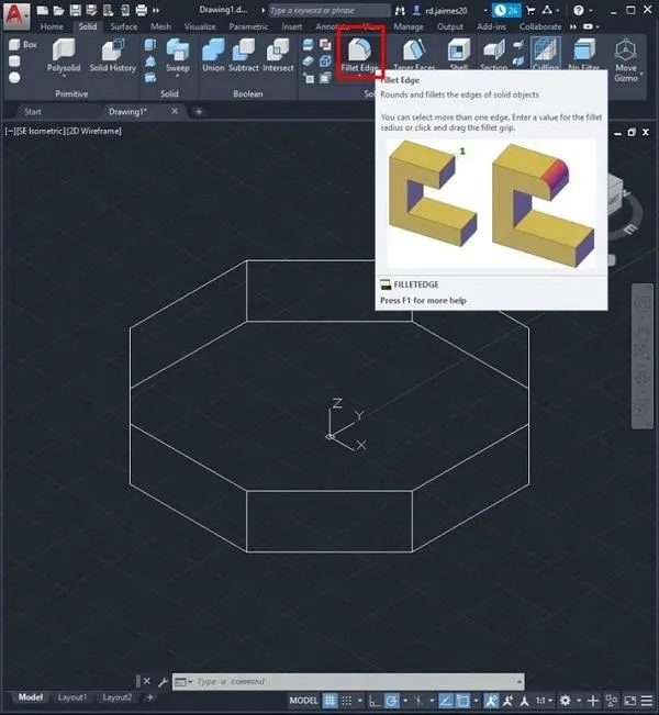 Bo tròn các cạnh trên cùng của hình đa giác 3D bằng lệnh Fillet Edge trong AutoCAD 2020