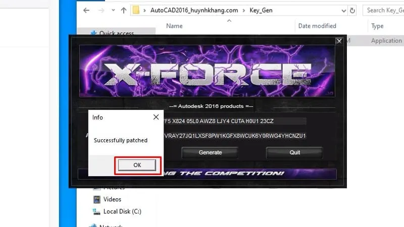 Bước 19: Bấm OK để xác nhận quá trình Patch Keygen thành công khi kích hoạt AutoCAD 2016