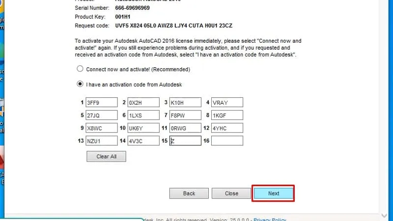 Bước 23: Bấm Next để hoàn tất việc nhập mã Activation cho AutoCAD 2016