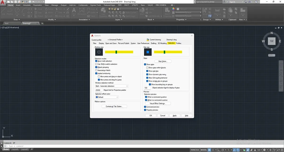 Bước 5: Điều chỉnh tùy chọn Selection trong AutoCAD 2017, tối ưu thao tác chọn đối tượng khi học vẽ.