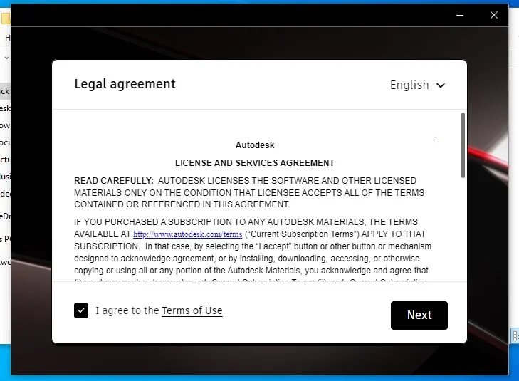 Bước chấp nhận điều khoản sử dụng phần mềm AutoCAD 2023 trước khi tiếp tục cài đặt.