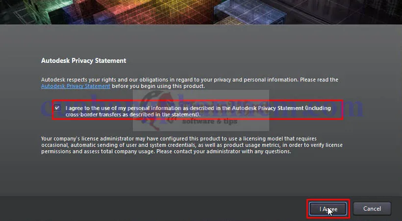 Bước đầu tiên để kích hoạt bản quyền phần mềm AutoCAD 2013, chọn I Agree