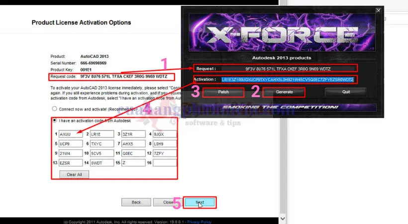 Các bước chi tiết được đánh số để nhập mã kích hoạt vào công cụ Keygen cho phần mềm AutoCAD 2013
