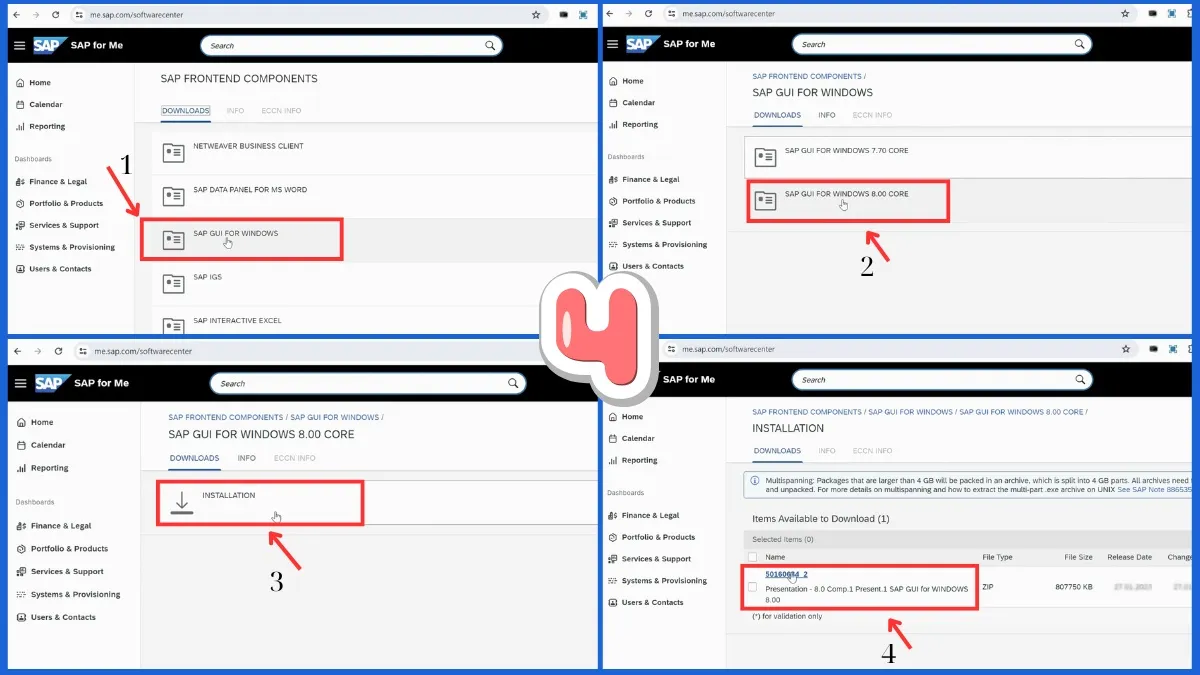 Các bước chọn phiên bản SAP GUI for Windows để tải xuống.