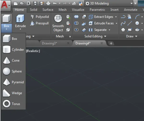 Các đối tượng 3D cơ bản được tạo sẵn trong AutoCAD 2020 như hình hộp và hình trụ, giúp nhanh chóng xây dựng mô hình.