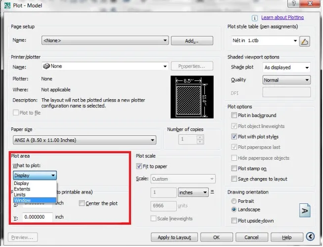 Cách chọn vùng in cụ thể trên bản vẽ AutoCAD bằng công cụ Window để in đúng phần cần thiết
