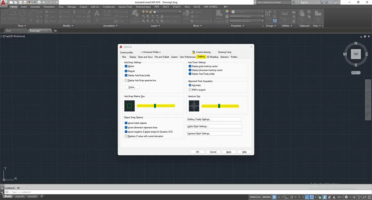 Cài đặt chế độ drafting (bắt điểm và hiển thị) trong tab Drafting của AutoCAD để vẽ chính xác