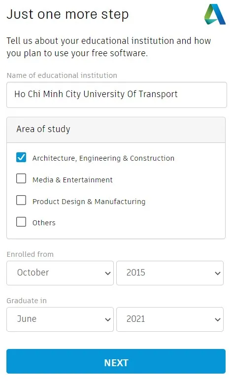 Cập nhật thông tin về trường học, ngành học và thời gian học để kích hoạt quyền truy cập AutoCAD sinh viên