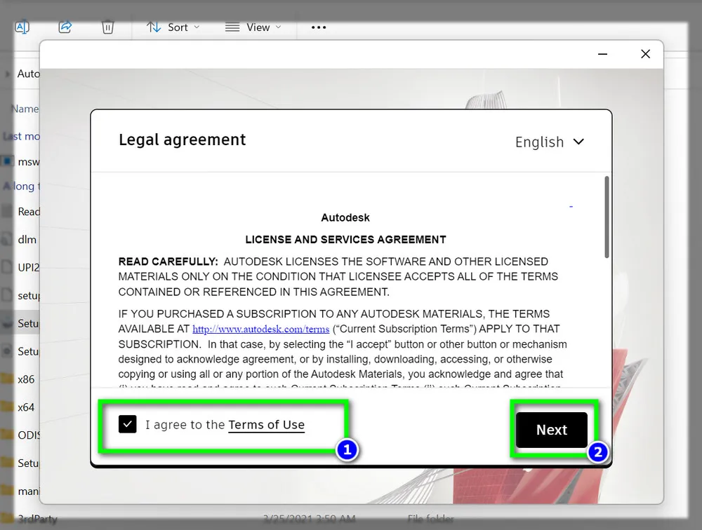 Chấp nhận các điều khoản sử dụng khi cài đặt AutoCAD 2022
