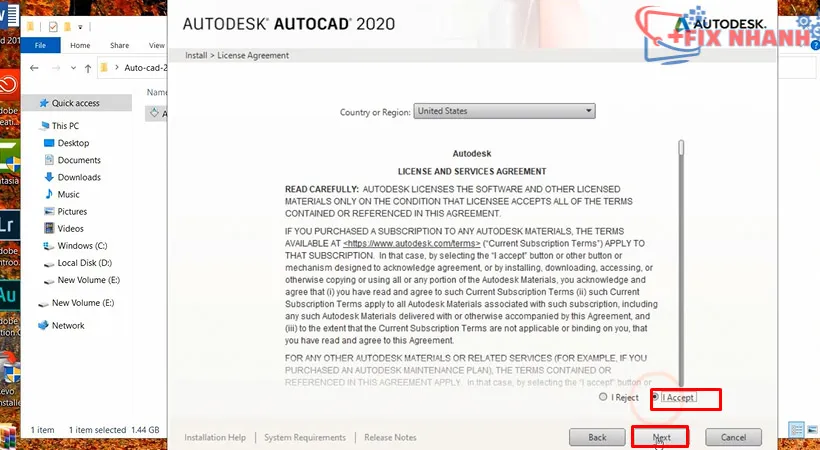 Chấp nhận điều khoản sử dụng AutoCAD 2020 trước khi tiếp tục