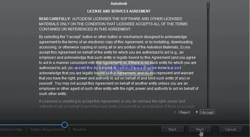 Chấp nhận điều khoản sử dụng bằng cách chọn I Accept và Next trong cài đặt AutoCAD 2013