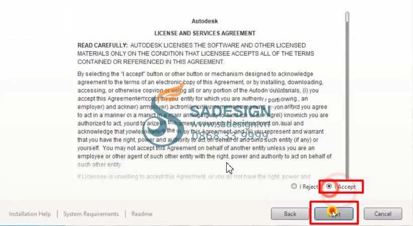 Chấp nhận điều khoản sử dụng và nhấn Next khi cài Inventor 2017