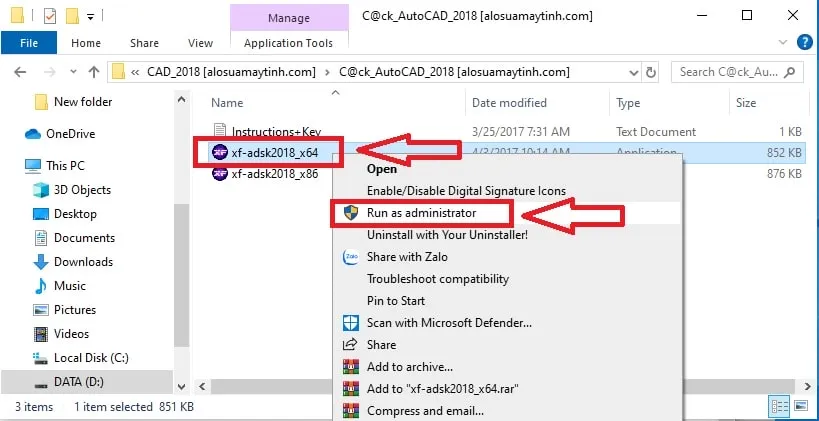 Chạy công cụ kích hoạt AutoCAD 2018 với quyền quản trị viên để tiến hành tạo mã bản quyền