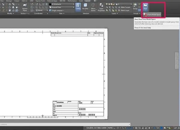 Chèn chế độ xem cơ sở từ không gian mô hình vào bản vẽ kỹ thuật trong AutoCAD 2020