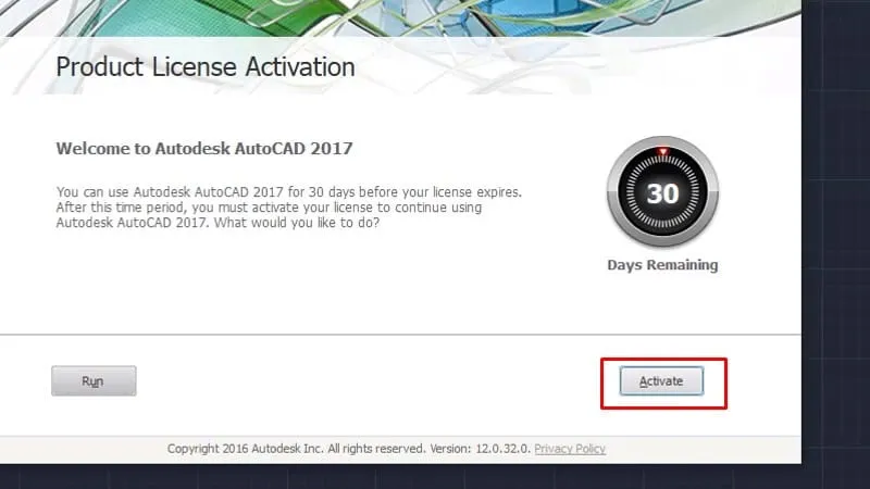 Chọn Activate để bắt đầu kích hoạt phiên bản AutoCAD 2017