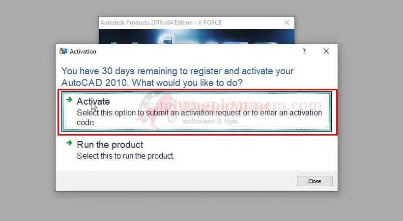 Chọn &quot;Activate&quot; để bắt đầu quá trình kích hoạt bản quyền AutoCAD 2010