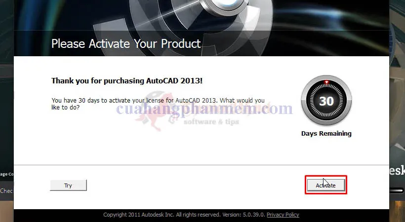 Chọn Activate để bắt đầu quy trình kích hoạt giấy phép cho phần mềm AutoCAD 2013