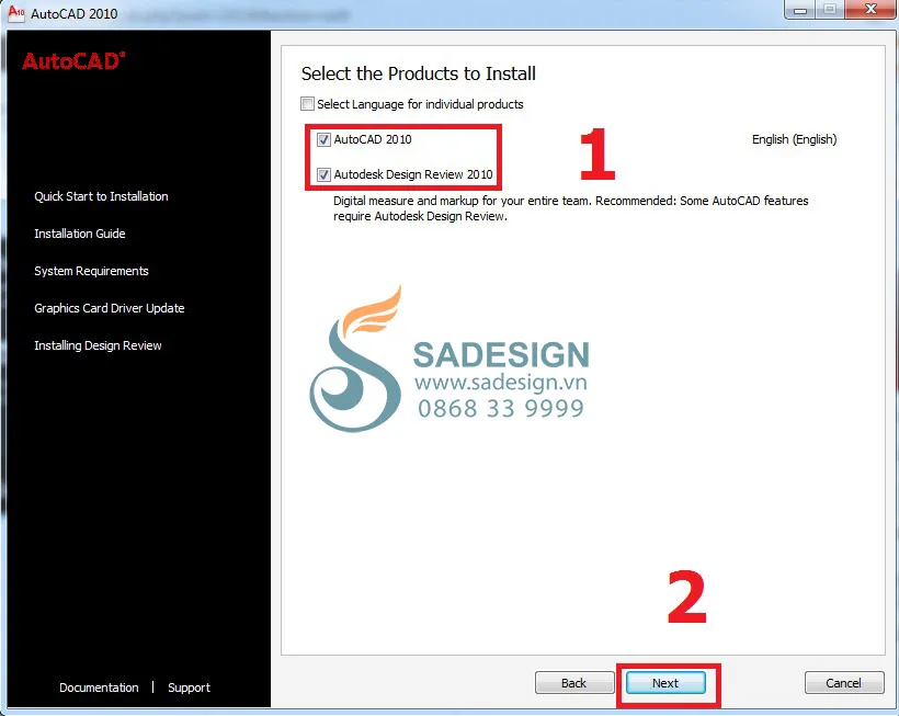 Chọn các thành phần cần cài đặt, bao gồm AutoCAD 2010 và Autodesk Design Review 2010