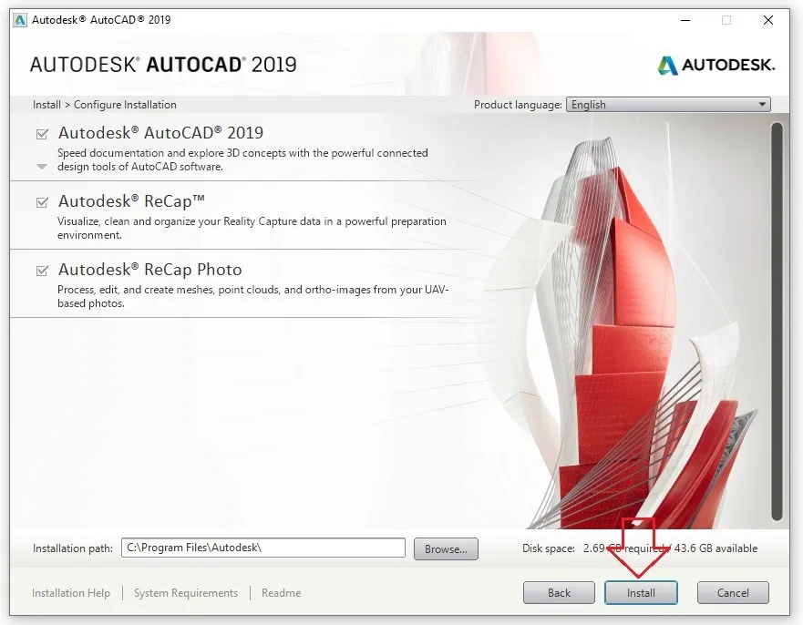 Chọn các thành phần cần cài đặt trong AutoCAD 2019 trước khi nhấn Install