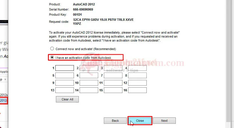Chọn &quot;Close&quot; khi gặp thông báo lỗi kích hoạt để thực hiện lại theo hướng dẫn cho AutoCAD 2012.