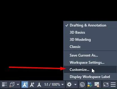 Chọn Customize để mở cửa sổ tùy chỉnh giao diện người dùng AutoCAD (CUI)