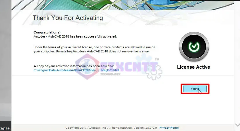 Chọn Finish để hoàn tất quá trình crack và kích hoạt thành công phần mềm AutoCAD 2018