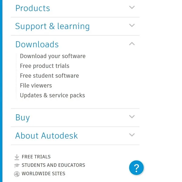 Chọn Free student software từ menu Downloads trên trang Autodesk để tìm cách cài AutoCAD sinh viên