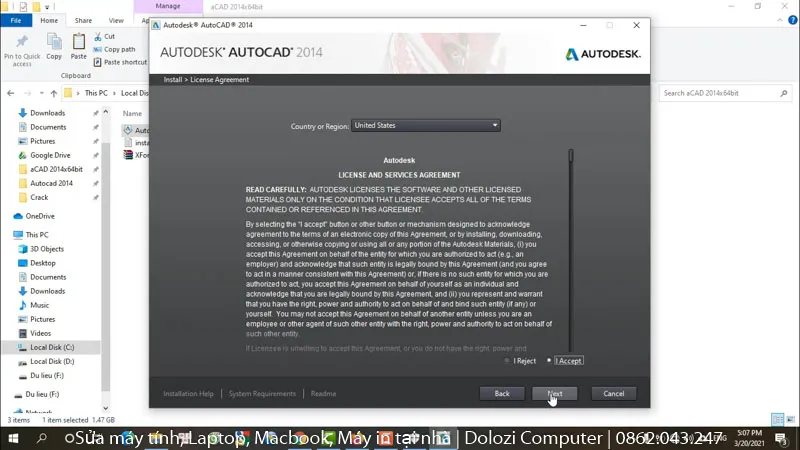 Chọn &quot;I Accept&quot; để đồng ý với các điều khoản cài đặt Autocad 2014
