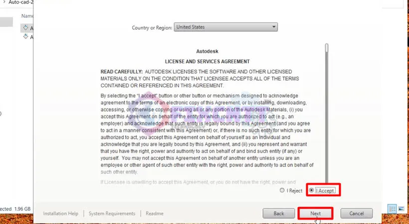 Chọn I Accept và nhấn Next để đồng ý với các điều khoản cài đặt AutoCAD 2018
