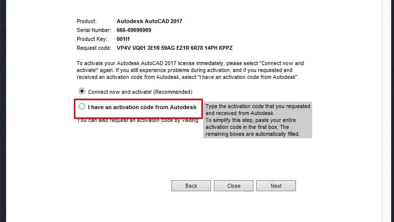 Chọn I Have an activation code từ Autodesk để dán mã kích hoạt AutoCAD 2017