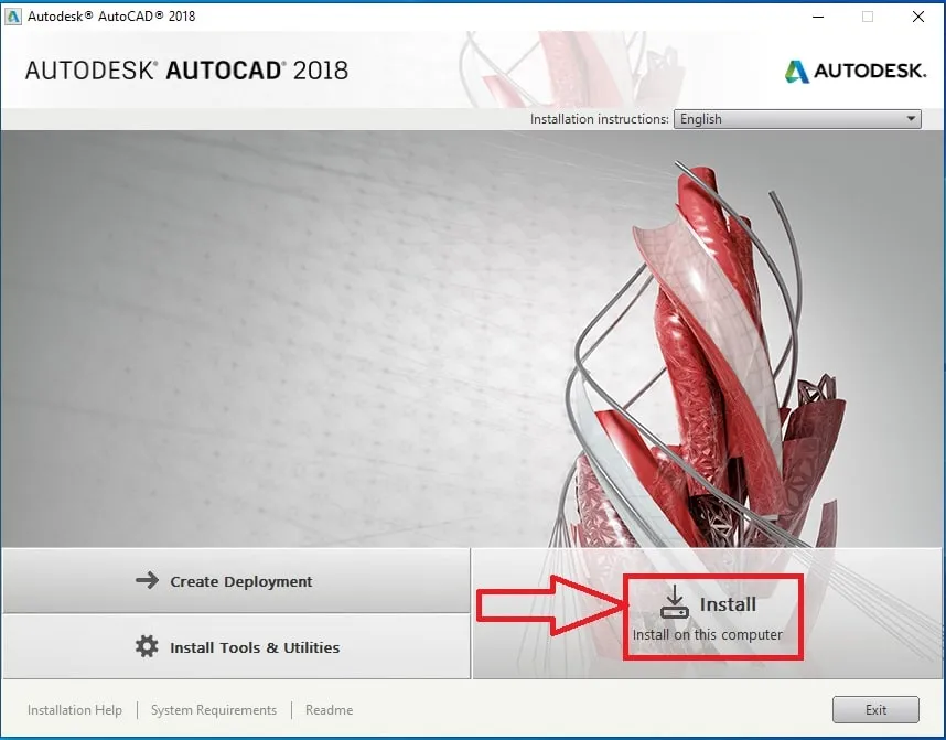 Chọn 'Install' để bắt đầu cài đặt các thành phần chính của phần mềm AutoCAD 2018 vào hệ thống máy tính